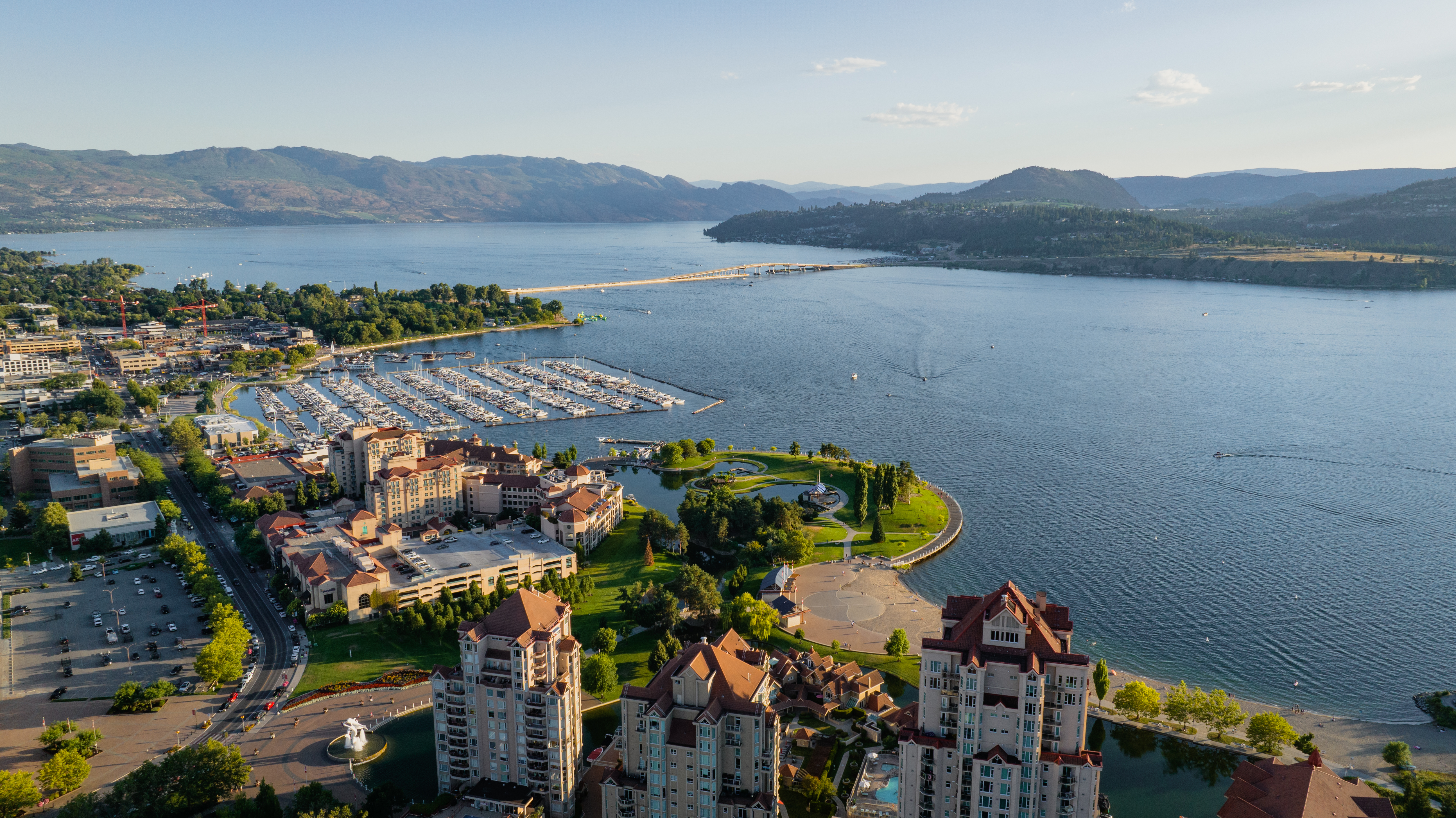 Aerial view of downtown Kelowna and the Bennet bridge. 
