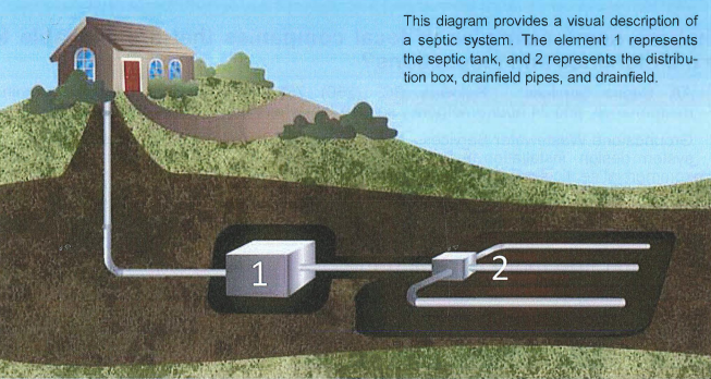 This diagram shows a septic system. Element 1 represents the septic tank, and 2 represents the distribution box, drainfield pipes and drainfield.