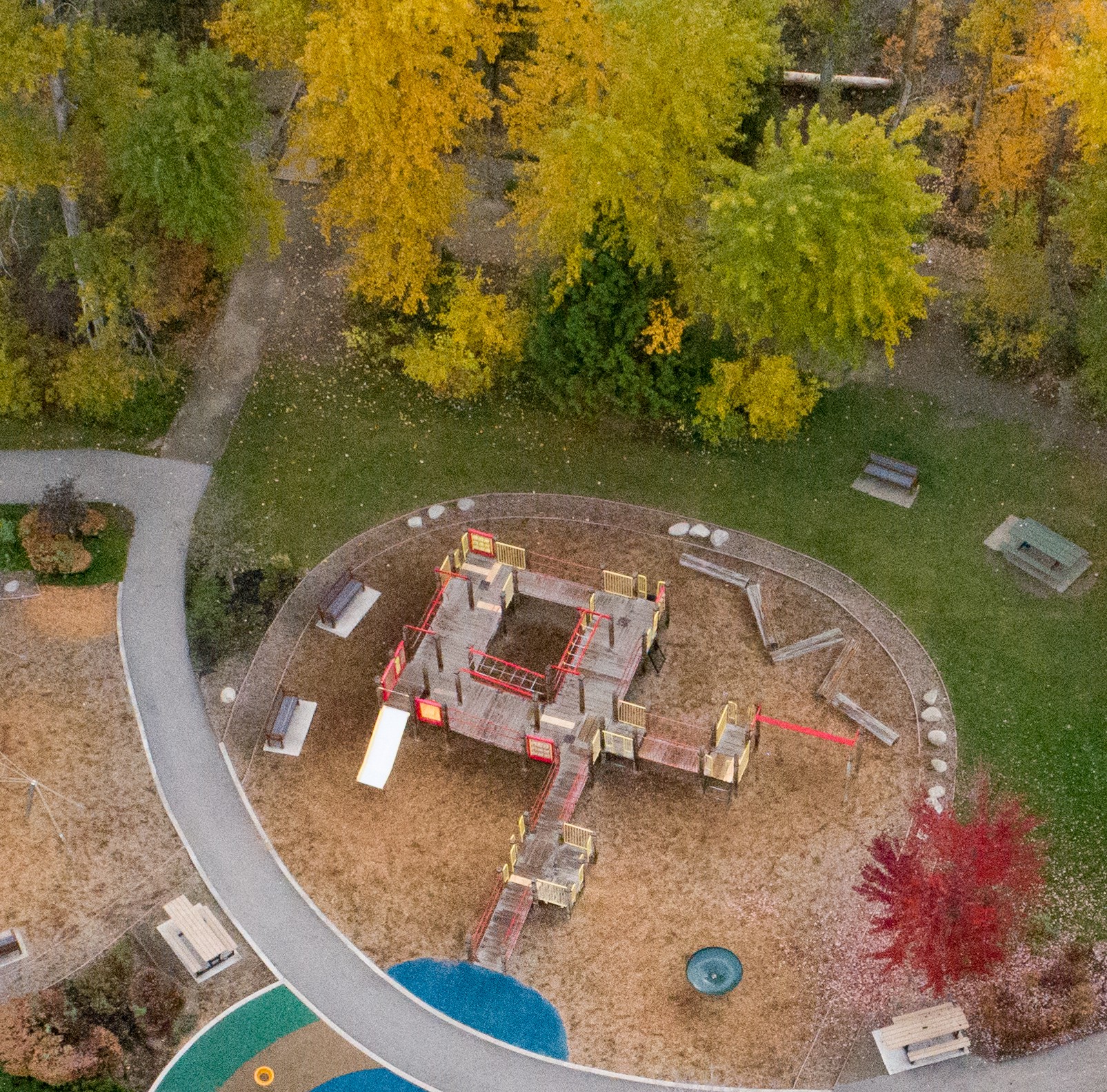 Aerial view of the old playground equipment in Mission Creek Regional Park. 
