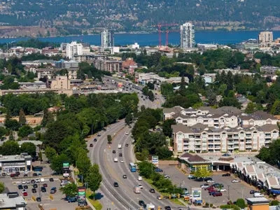 Aerial view of businesses along Highway 97 in Kelowna.
