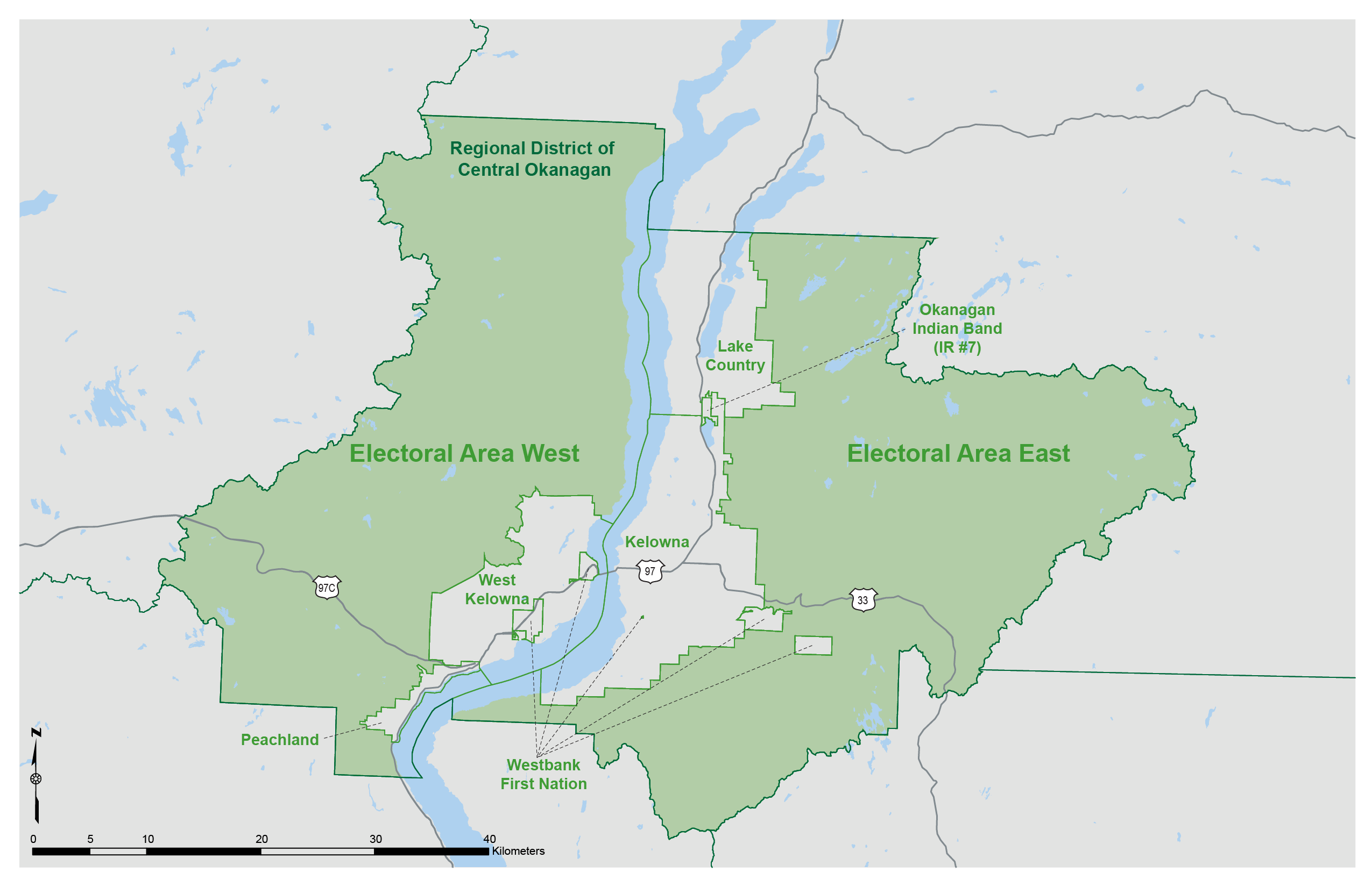 Map of electoral areas in the Central Okanagan