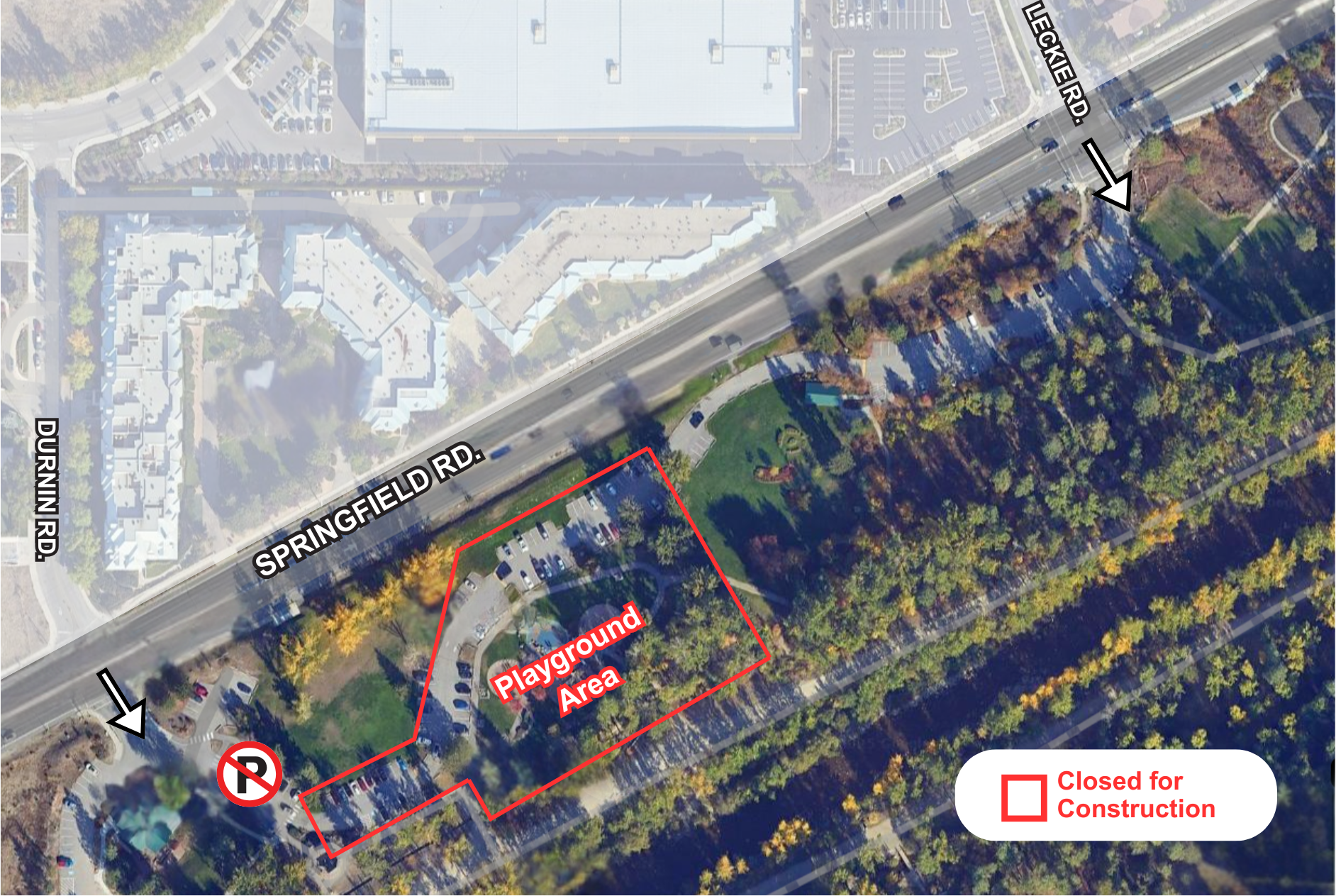An aerial view of the closure and playground construction area.