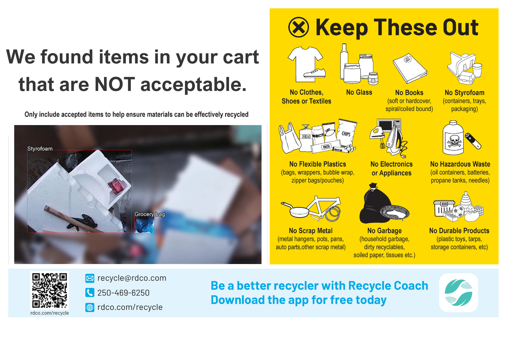 A sample postcard identifying unacceptable items left in a recycling cart