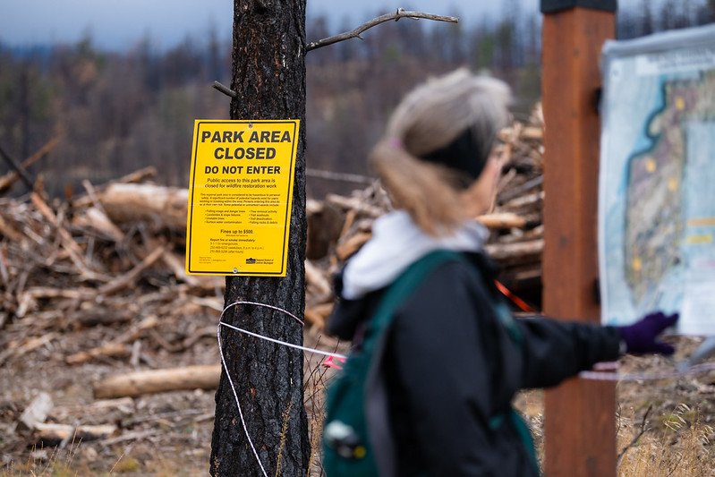 Sign on a tree in Rose Valley Regional Park warns that the park area is closed and entry is prohibited, with a person standing near a map in the foreground.