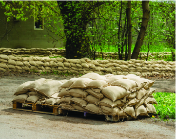 Pile of sandbags for flood mitigation.