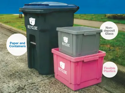 Recycle BC blue-lidded cart, grey and pink boxes stacked at a curb
