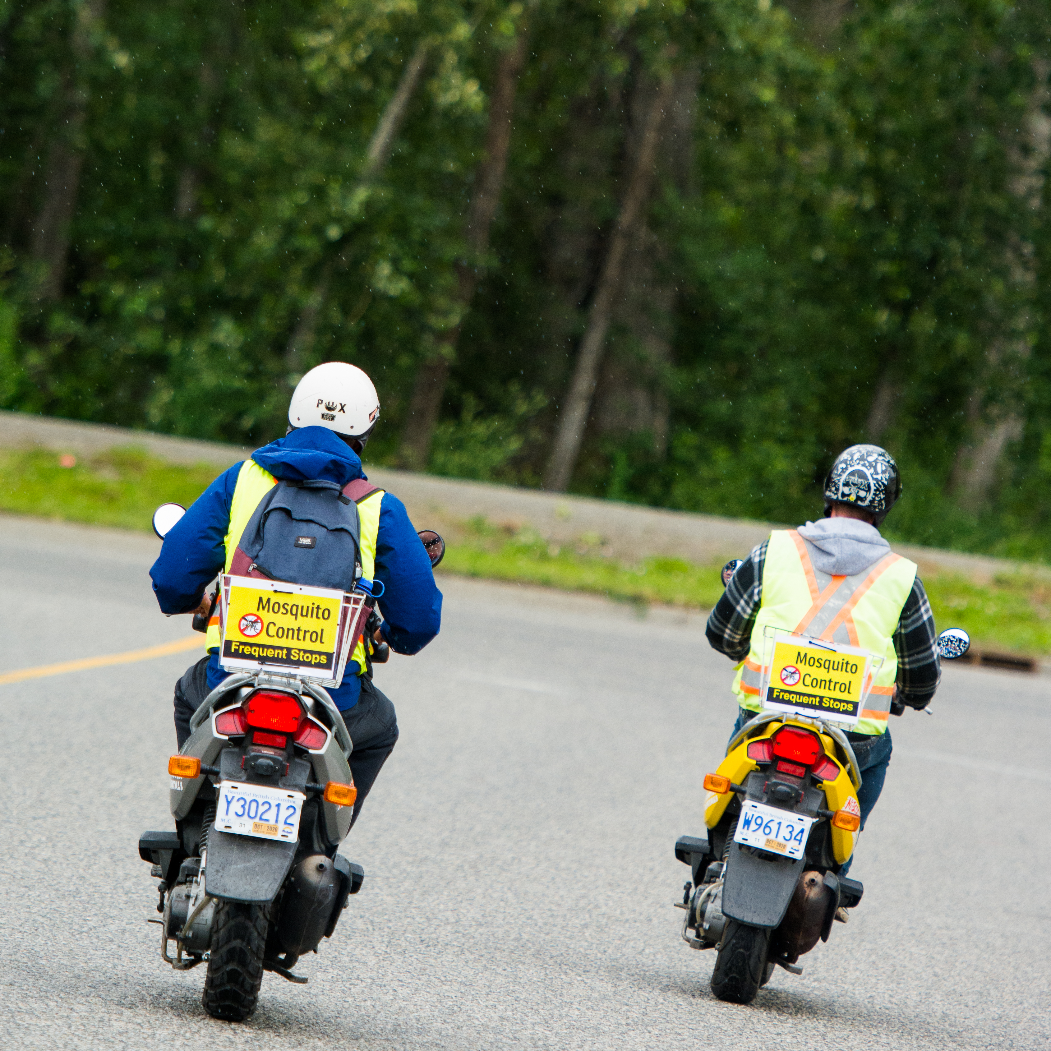 Two mosquito control program staff on scooters.
